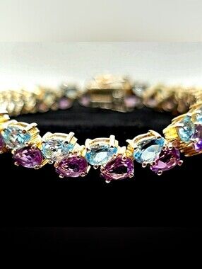 KenCraft Estate Tennis Bracelet Sterling Silver Topaz Amethyst 7"